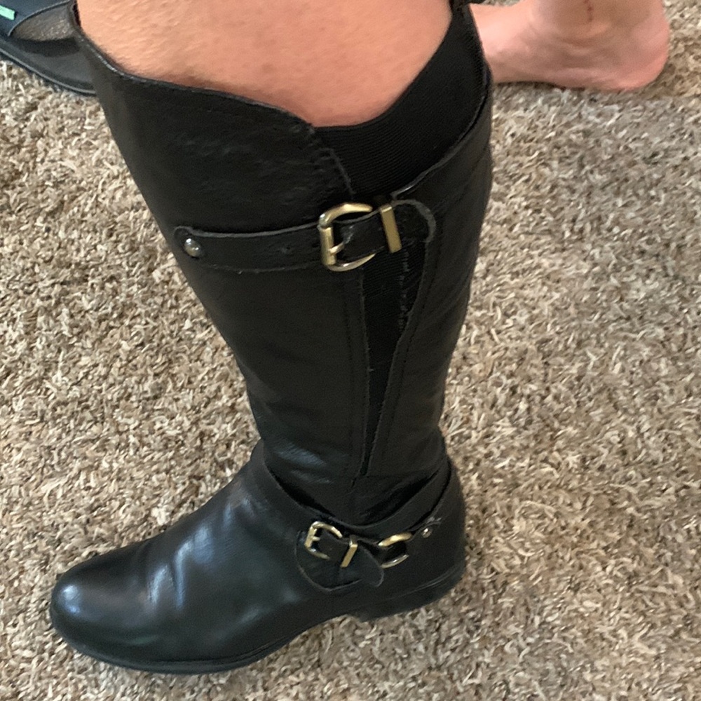 Black low-heel, just under knee boots